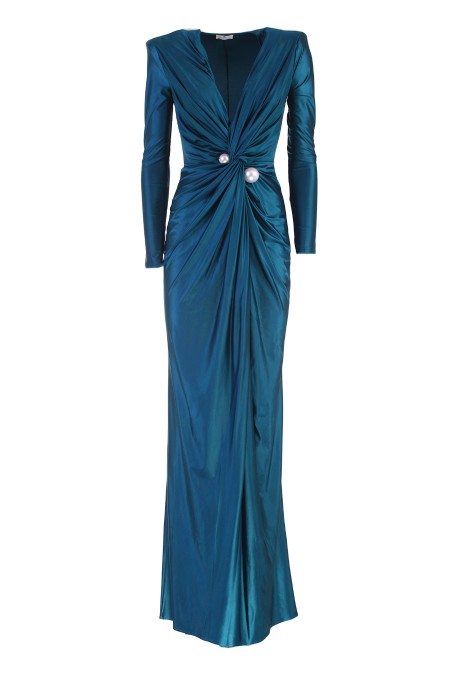 Shop ELISABETTA FRANCHI  Abito: Elisabetta franchi abito red carpet in lycra con perle.
Abito red carpet in lycra lucida stretch caratterizzato da profonda scollatura. 
Il punto vita è enfatizzato da un nodo drappeggiato trattenuto da un accessorio con maxi perle logate.
Accessorio in perle e metallo dorato.
Composizione: 78% Poliammide 22% Elastane.
Fabbricato in Italia.. AB54737E2-804